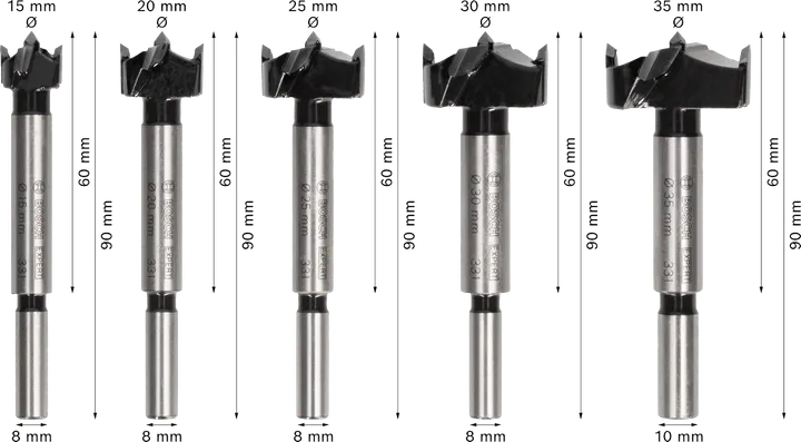 Juego de brocas para cortar bisagras de madera laminada Bosch EXPERT, 5 tamaños.